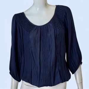 ZARA‎ Basics Women’s Peasant Top Navy Blue Smocked Crinkle sz Small Boho Cottage
